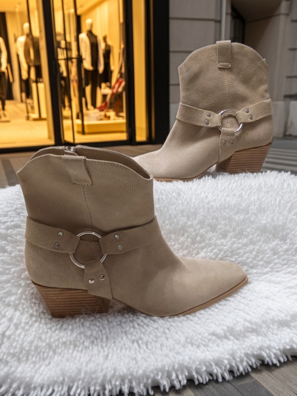 New Open Edit Enzo Taupe Suede Ring-Detail Ankle Booties 8.5M